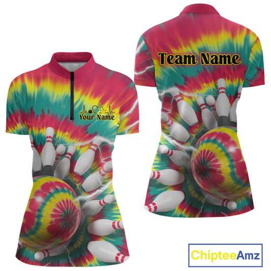 Custom Colorful Tie Dye Bowling Quarter-Zip Shirts For Women, Rainbow Bowling Outfit IPHW9116