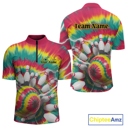 Custom Colorful Tie Dye Bowling Quarter-Zip Shirts For Men, Rainbow Bowling Outfit IPHW9116