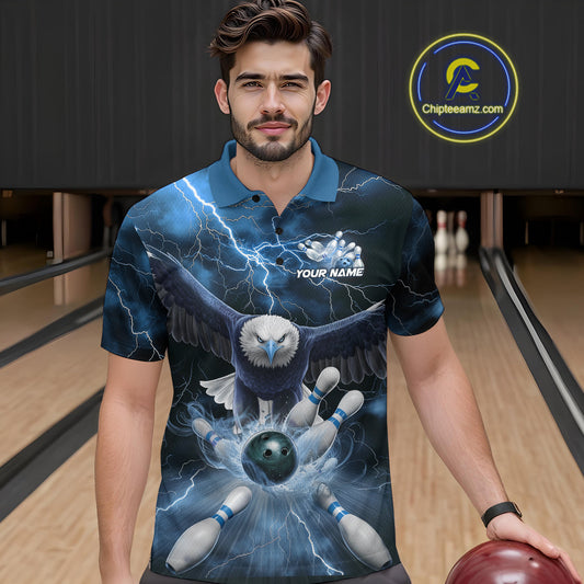 Custom Blue Thunder Lightning Eagle Bowling Polo Shirts For Men, Eagle Bowling Jerseys IPHW9367