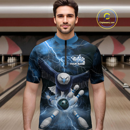 Custom Blue Thunder Lightning Eagle Bowling Quarter-Zip Shirts For Men, Eagle Bowling Jerseys IPHW9367