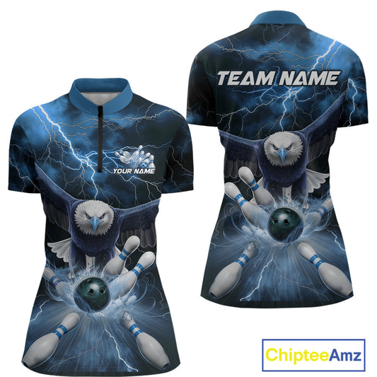 Custom Blue Thunder Lightning Eagle Bowling Women Quarter-Zip Shirts, Bowling Jerseys IPHW9367