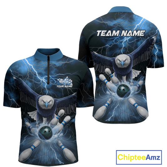 Custom Blue Thunder Lightning Eagle Bowling Quarter-Zip Shirts For Men, Eagle Bowling Jerseys IPHW9367