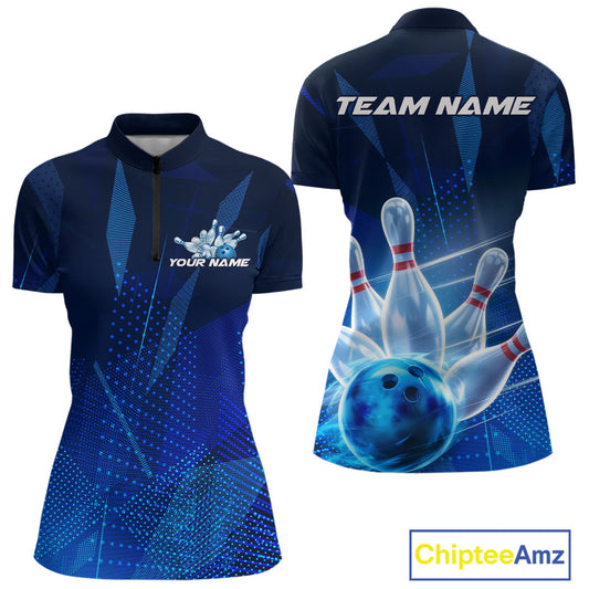 Custom Black And Blue Bowling Jerseys, Women Bowling Quarter-Zip Shirt Team Uniform IPHW9390
