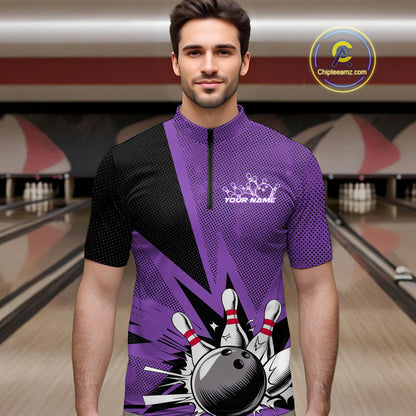 Custom Purple Bowling Jerseys, Bowling Team Men Quarter-Zip Shirts Bowling League Shirt IPHW9391