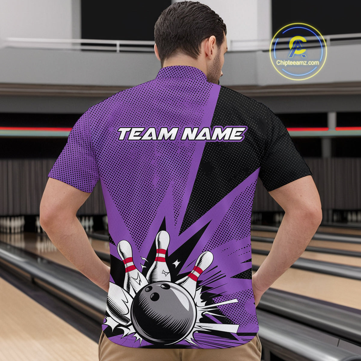 Custom Purple Bowling Jerseys, Bowling Team Men Quarter-Zip Shirts Bowling League Shirt IPHW9391