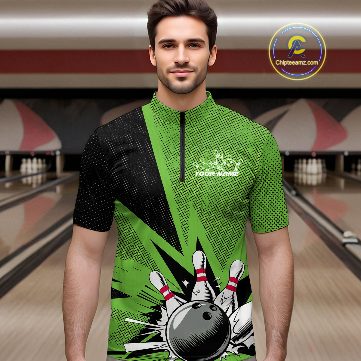 Custom Green Bowling Jerseys, Bowling Team Men Quarter-Zip Shirts Bowling League Shirt IPHW9392