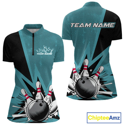 Custom Blue Bowling Jerseys, Bowling Team Women Quarter-Zip Shirts Bowling League Shirt IPHW9393