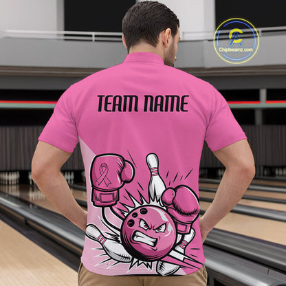 Custom Funny Pink Breast Cancer Bowling Men Quarter-Zip Shirt, Breast Cancer Fighter Jerseys IPHW9395