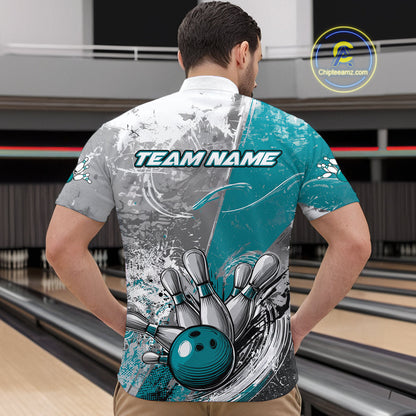 Custom Grunge Blue Bowling Quarter-Zip Shirts For Men, Distressed Vintage Bowling Team Shirts IPHW9551