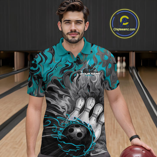 Custom Blue Fame Bowling Team Polo Shirts For Men, Fire Bowling Jerseys IPHW9560