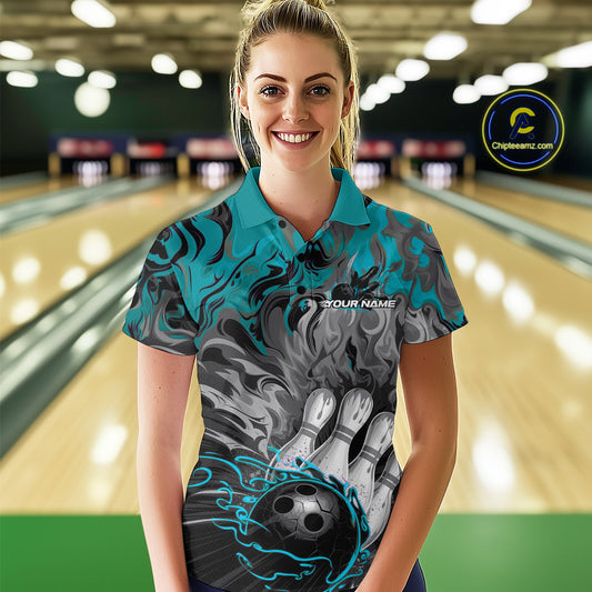 Custom Blue Fame Bowling Team Polo Shirts For Women, Fire Bowling Jerseys IPHW9560