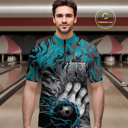Custom Blue Fame Bowling Team Quarter-Zip Shirts For Men, Fire Bowling Jerseys IPHW9560