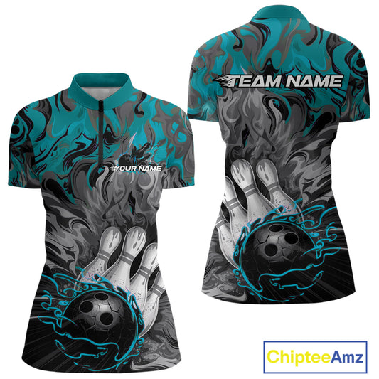 Custom Blue Fame Bowling Team Quarter-Zip Shirts For Women, Fire Bowling Jerseys IPHW9560