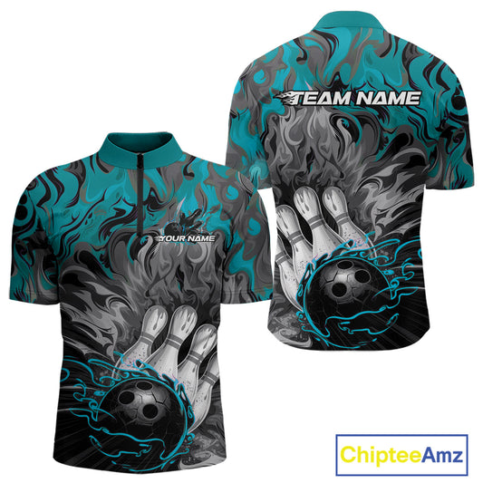 Custom Blue Fame Bowling Team Quarter-Zip Shirts For Men, Fire Bowling Jerseys IPHW9560
