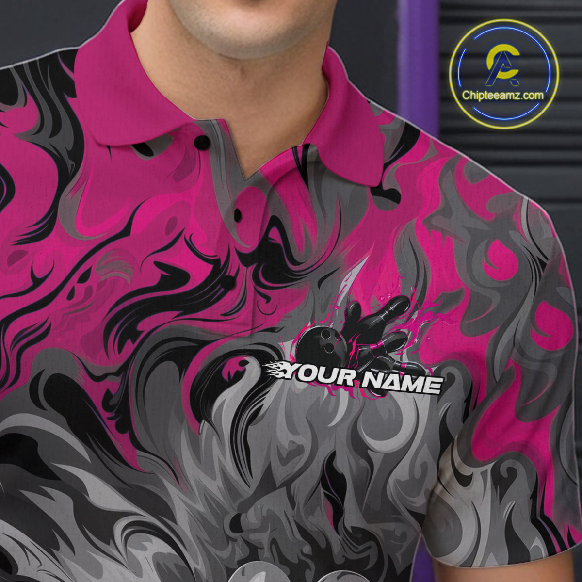 Custom Pink Flame Bowling Team Polo Shirts For Men, Fire Bowling Jerseys IPHW9561
