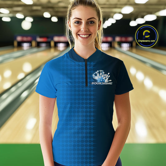 Custom Blue Flame Bowling Women Quarter-Zip Shirts, Bowling Tournament Team Shirt IPHW9407