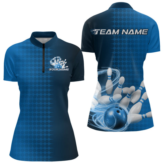 Custom Blue Flame Bowling Women Quarter-Zip Shirts, Bowling Tournament Team Shirt IPHW9407