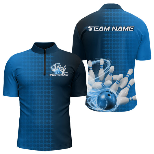 Custom Blue Flame Bowling Quarter-Zip Shirts For Men, Bowling Tournament Team Shirt IPHW9407