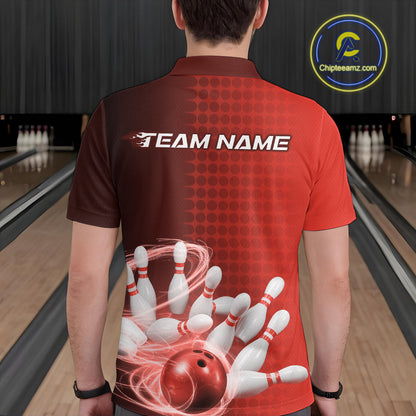 Custom Red Flame Bowling Polo Shirts For Men, Bowling Tournament Team Shirt IPHW9408