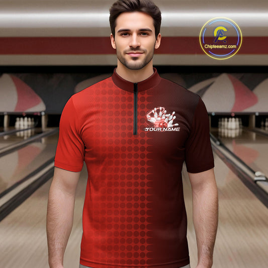 Custom Red Flame Bowling Quarter-Zip Shirts For Men, Bowling Tournament Team Shirt IPHW9408