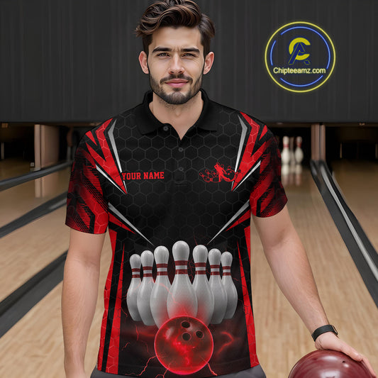 Custom Black And Red Bowling Team Jerseys, Bowler Uniform Bowling Polo Shirts For Men IPHW9283