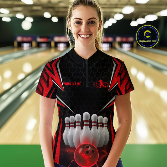 Custom Black And Red Bowling Team Jerseys, Bowler Uniform Bowling Women Quarter-Zip Shirt IPHW9283