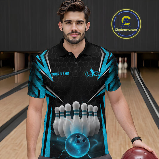 Custom Black And Blue Bowling Team Jerseys, Bowler Uniform Bowling Polo Shirts For Men IPHW9284