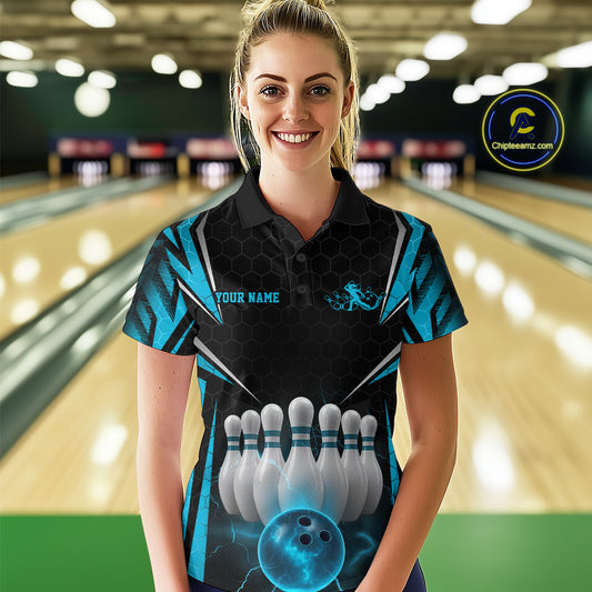 Custom Black And Blue Bowling Team Jerseys, Bowler Uniform Bowling Polo Shirts For Women IPHW9284