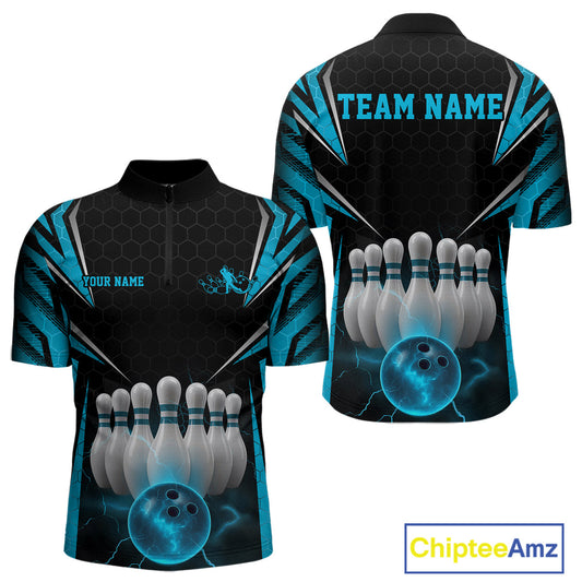Custom Black And Blue Bowling Team Jerseys, Bowler Uniform Bowling Quarter-Zip Shirts For Men IPHW9284