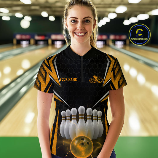 Custom Black And Yellow Bowling Jerseys, Bowler Uniform Bowling Women Quarter-Zip Shirts IPHW9286