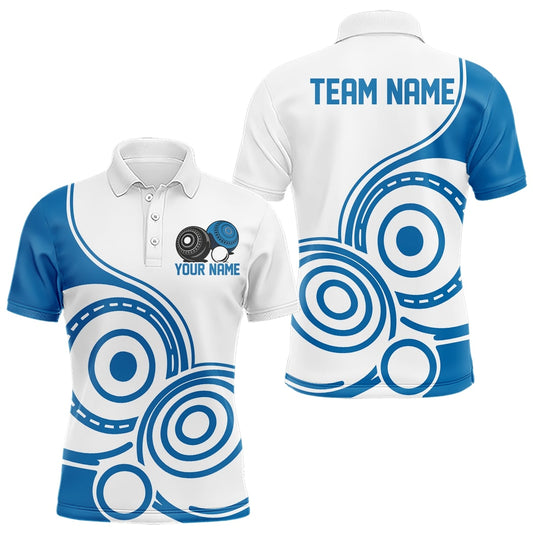 Custom White And Blue Lawn Bowling Polo Shirts For Men, Lawn Bowling Team Outfit IPHW9049