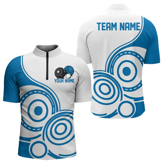 Custom White And Blue Lawn Bowling Quarter-Zip Shirts For Men, Lawn Bowling Team Outfit IPHW9049