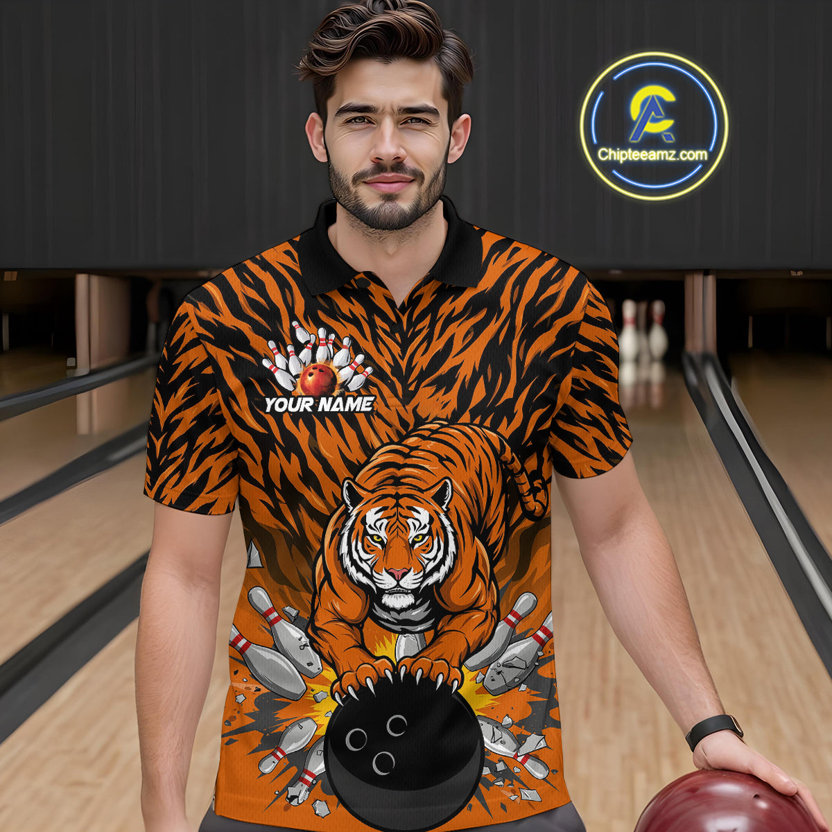 Custom Black And Orange Tiger Print Bowling Polo Team Shirts For Men, Bowling Jerseys IPHW9091