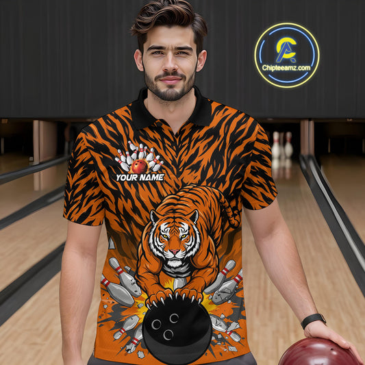 Custom Black And Orange Tiger Print Bowling Polo Team Shirts For Men, Bowling Jerseys IPHW9091