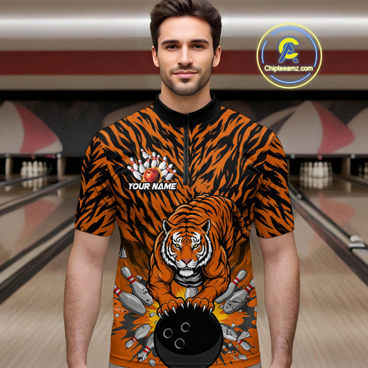 Custom Black And Orange Tiger Print Bowling Quarter-Zip Team Shirts For Men, Bowling Jerseys IPHW9091