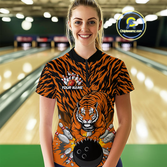 Custom Black And Orange Tiger Print Bowling Quarter-Zip Team Shirts For Women Jerseys IPHW9091