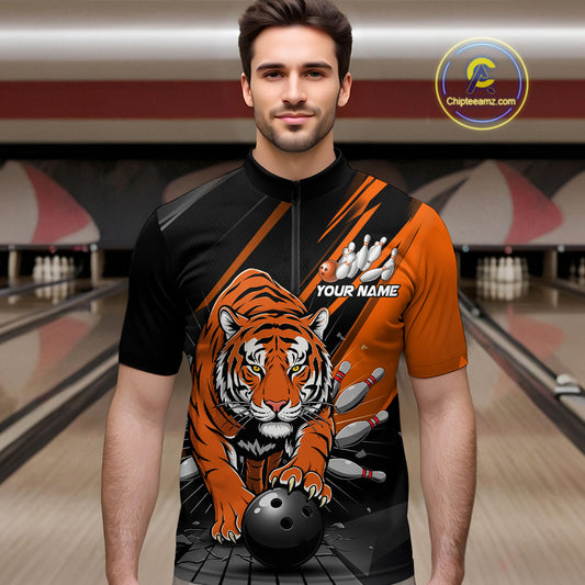 Custom Tiger Bowling Team Quarter-Zip Shirts For Men, Bowling Tournament Outfit IPHW9096