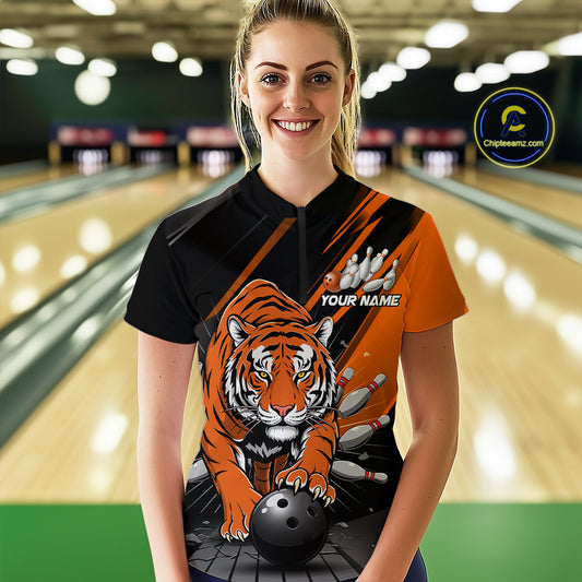Custom Tiger Bowling Team Quarter-Zip Shirts For Women, Bowling Tournament Outfit IPHW9096