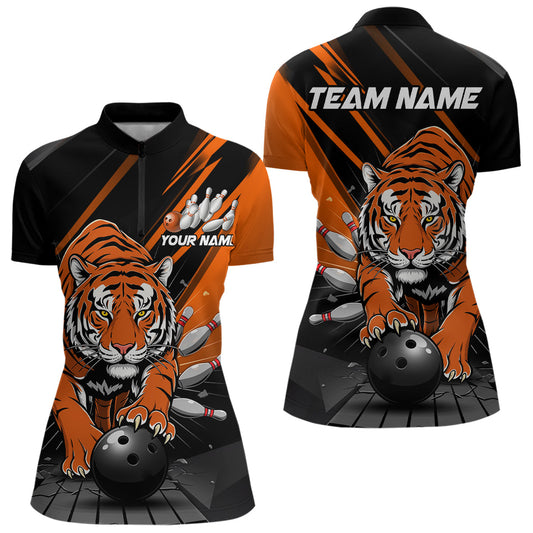 Custom Tiger Bowling Team Quarter-Zip Shirts For Women, Bowling Tournament Outfit IPHW9096