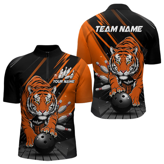 Custom Tiger Bowling Team Quarter-Zip Shirts For Men, Bowling Tournament Outfit IPHW9096