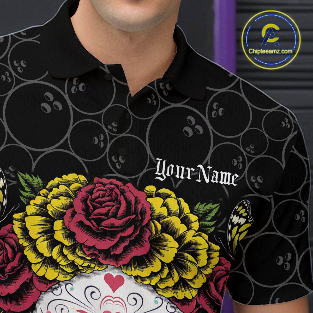 Custom Flower Sugar Skull Bowling Team Polo Shirts For Men, Halloween Bowler Outfit IPHW9750