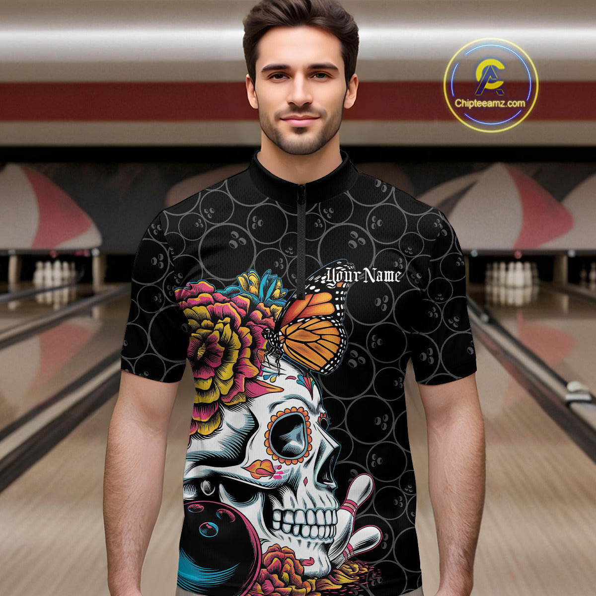 Custom Colorful Sugar Skull Bowling Team Quarter-Zip Shirts For Men, Halloween Bowler Outfit IPHW9751