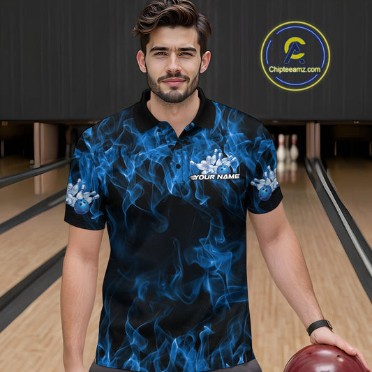 Custom Black And Blue Flame Bowling Team Men Polo Shirts, Bowling Tournament Shirt IPHW9754