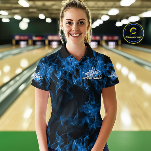 Custom Black And Blue Flame Bowling Team Women Polo Shirts, Bowling Tournament Shirt IPHW9754