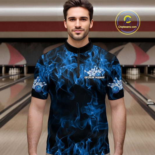 Custom Black And Blue Flame Bowling Team Men Quarter-Zip Shirts, Bowling Tournament Shirt IPHW9754