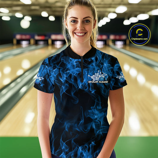 Custom Black And Blue Flame Bowling Women Quarter-Zip Shirts, Bowling Tournament Shirt IPHW9754