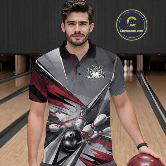 Custom Red And Gray Bowling Polo Team Shirts For Men, Bowler Outfit Bowling League Shirt IPHW9557