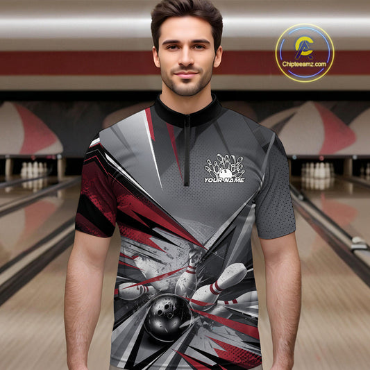 Custom Red And Gray Bowling Quarter-Zip Team Shirts For Men, Bowler Outfit Bowling League Shirt IPHW9557
