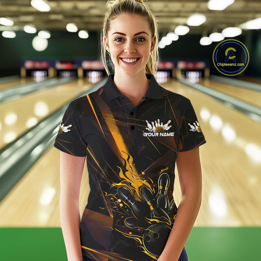 Custom Black And Gold Flame Bowling Team Women Polo Shirts, Fire Bowling Jerseys IPHW9614