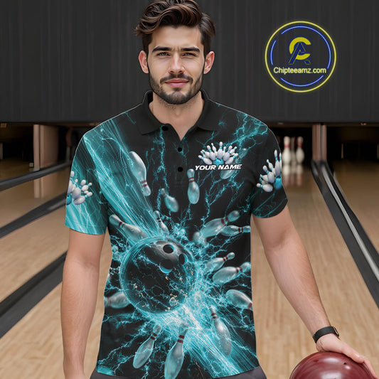 Custom Blue Thunder Lightning Bowling Team Men Polo Shirts, Bowling Jerseys IPHW9742